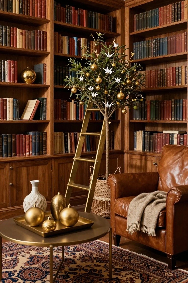 Wood-paneled library with floor-to-ceiling bookshelves, a potted olive tree decorated with gold Christmas ornaments and white flowers next to a brass ladder, a leather armchair with a throw, gold ornaments on a tray on a round metal table, and a Persian rug on the floor.