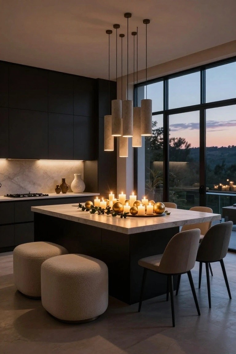 Modern kitchen featuring black cabinets, white marble island with gold Christmas ornaments, white candles, and greenery in a central tray, cylindrical pendant lights overhead, and large windows showing a sunset view with trees.