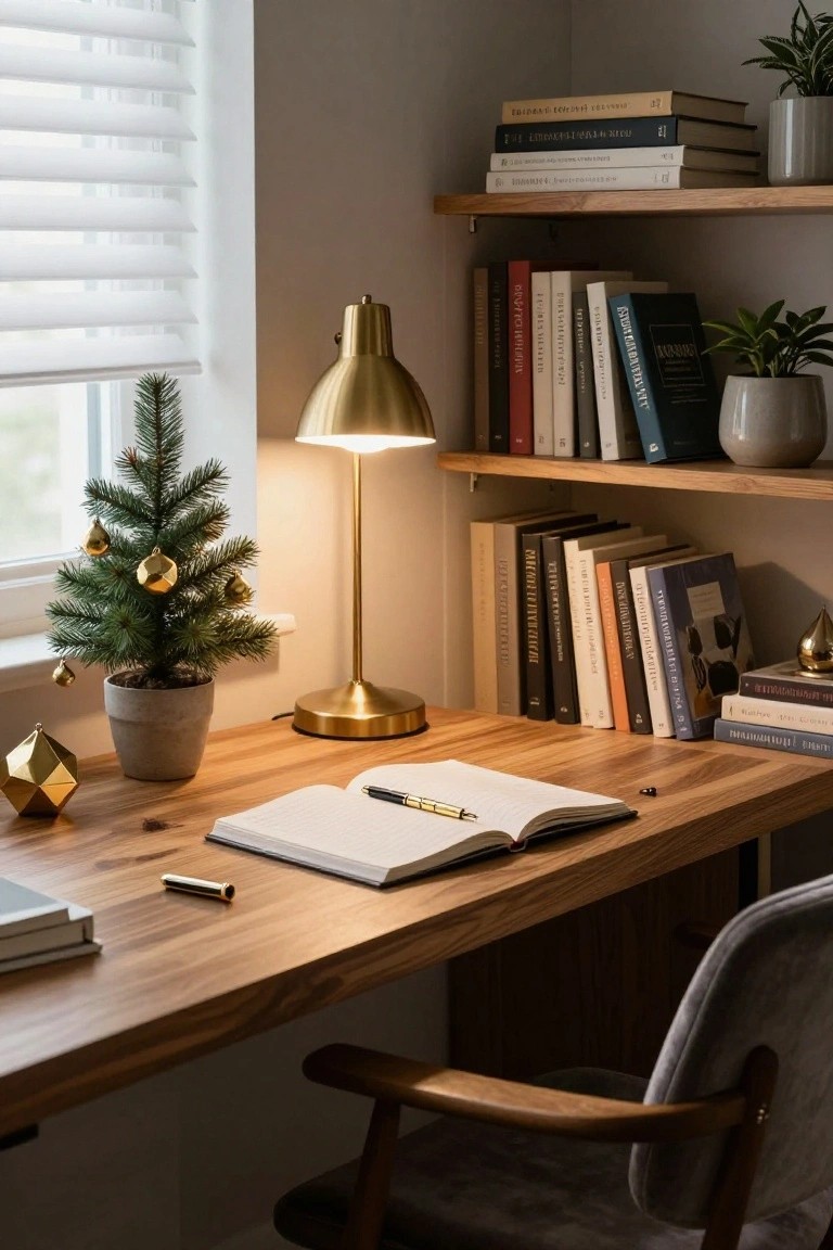 Wooden desk with open notebook, gold lamp, pen, geometric gold ornament, and small potted Christmas tree with gold baubles in a cozy room with bookshelves and plants.