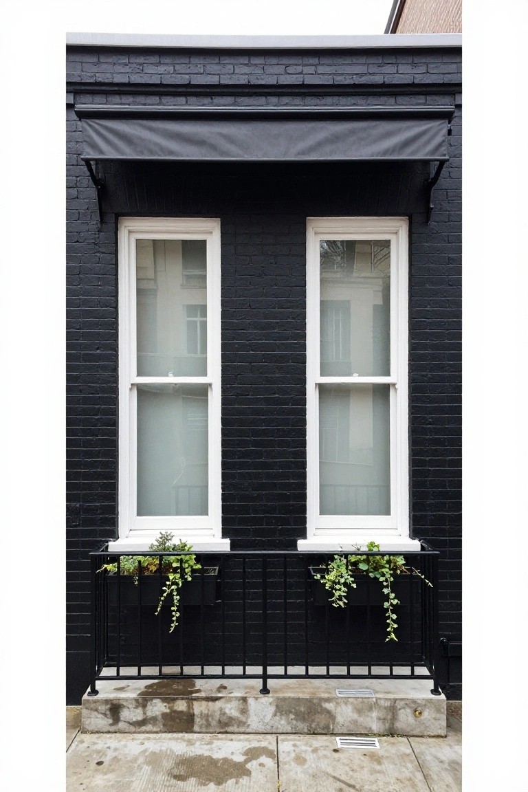 Black brick house exterior with a black awning over two white sash windows, black wrought-iron railing holding green planters, and a wet stone stoop below.