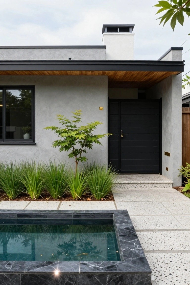 Gray stucco house exterior with black slatted gate door, brass number plate, wood ceiling overhang, small Japanese maple tree, tall ornamental grasses, pebble tile path, and small rectangular pool edged in black marble.