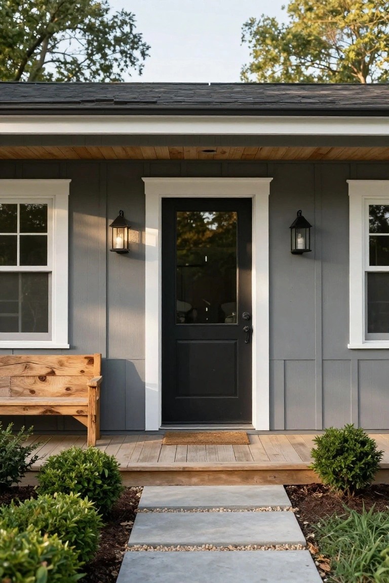 Front exterior of a small gray clapboard house with black front door, white trim, flanked windows, wooden porch bench, lanterns, boxwood shrubs, and stone path leading to wood porch.