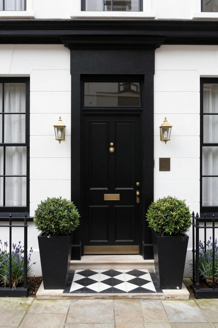 White stucco townhouse facade with black front door in Georgian style, flanked by brass lanterns, black planters holding boxwood shrubs and lavender, and black-and-white checkered entry tiles on stone steps.