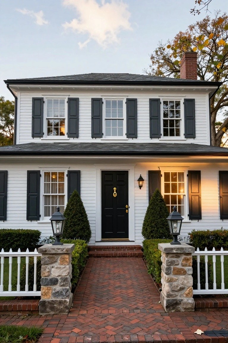 Two-story white clapboard house with black shutters and black front door numbered 3, flanked by lanterns and clipped evergreen shrubs, brick walkway to stone pillars with white picket fence.