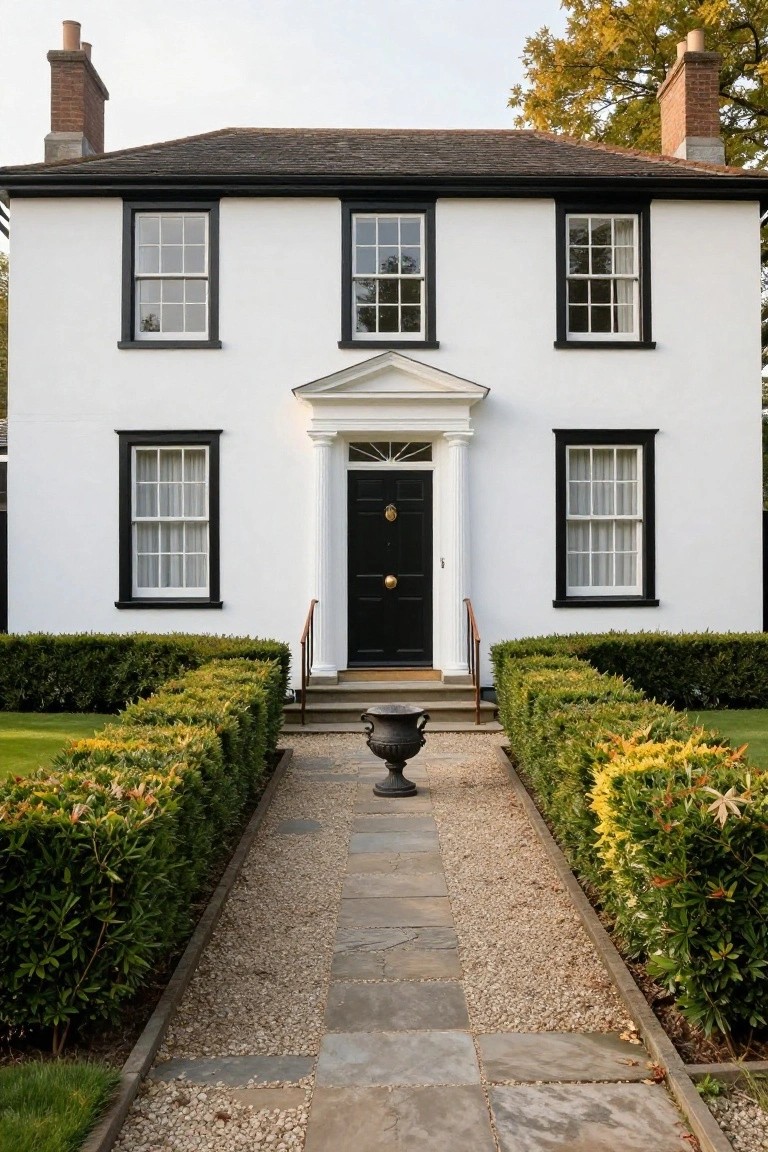White two-story house with black window frames, black front door under a white columned portico, flanked by green hedges and a stone-and-gravel pathway.