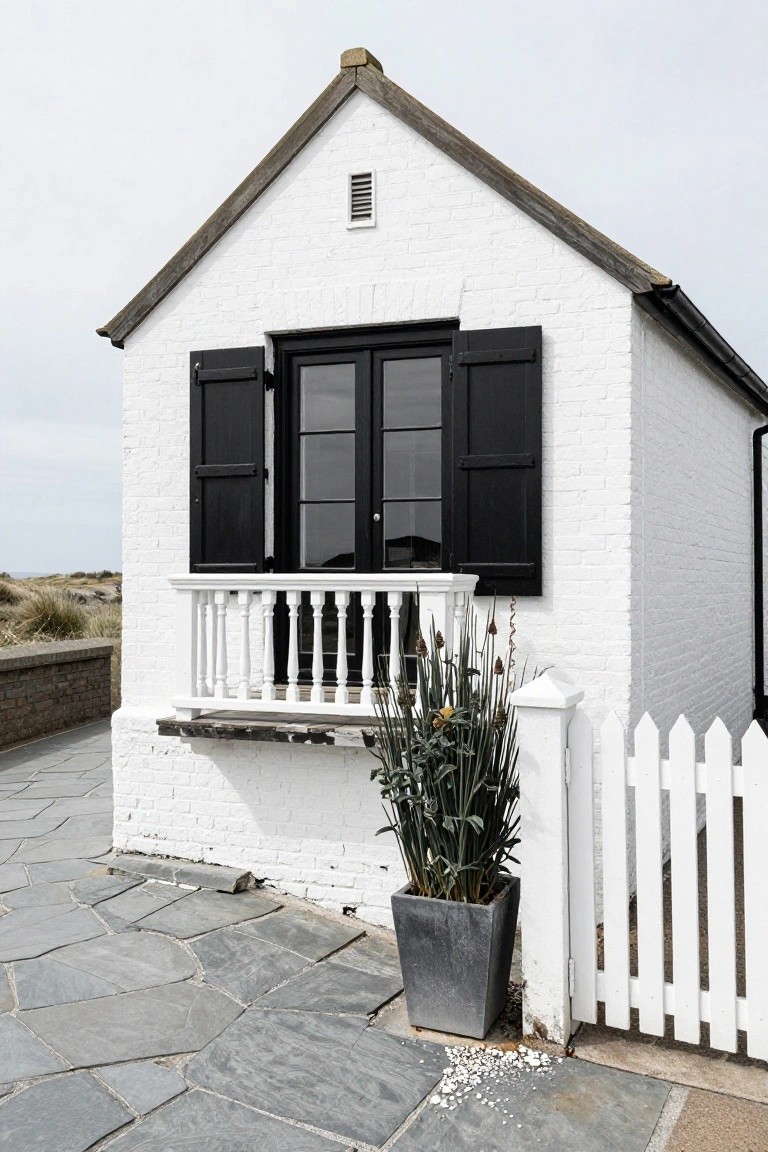 A small white brick beach house with black shutters on double glass doors, white balcony railing, potted plant in gray pot, and white picket fence on gray stone patio near sand dunes.