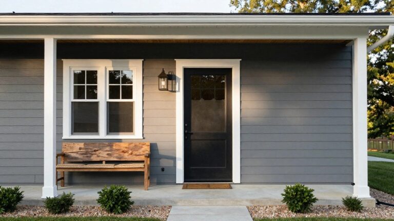 17 Gray Black And White House Exteriors That Balance Perfectly Front exterior of a small gray clapboard house with black front door, white trim, flanked windows, wooden porch bench, lanterns, boxwood shrubs, and stone path leading to wood porch.