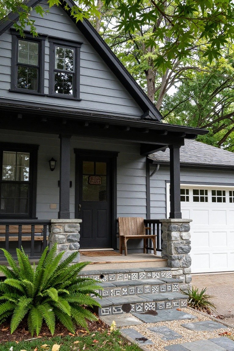 Gray clapboard house with black window frames, trim, and front door under a covered porch supported by stone pillars, wooden bench on porch, decorative tiled steps with ferns beside, and white garage door to the side.
