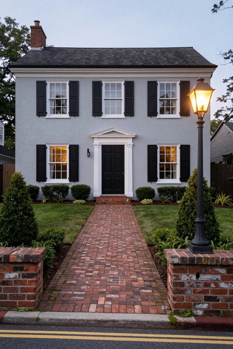 Two-story light gray clapboard house with black shutters on multi-pane windows, white trim, black front door with columned porch, brick walkway, low brick walls, boxwood shrubs, and a tall black lamppost in the front yard at dusk.