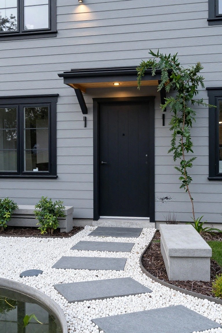 Light gray clapboard house exterior featuring a black front door under a small porch, black-framed windows, concrete benches with plants, gravel ground cover, stepping stone path, and small pond nearby.