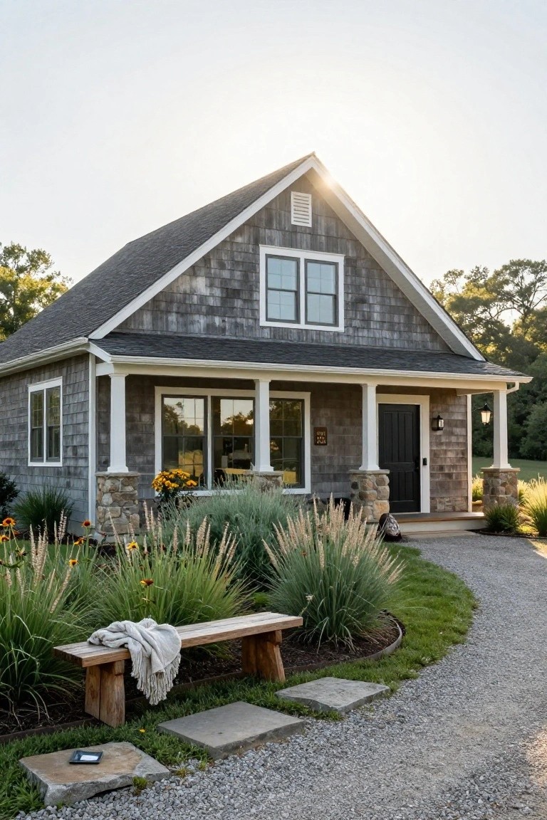 Gray shingled house exterior with gabled roof, white-trimmed windows, covered porch supported by stone pillars, black front door, ornamental grasses and flowers in front, wooden bench on gravel path.