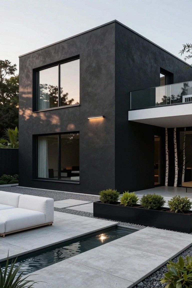 Corner view of a modern cubic black stucco house with large reflective glass windows, white metal balcony railing, and adjacent concrete patio featuring white modular sofa, linear water channel, black planters with greenery, gravel accents, and nearby trees.