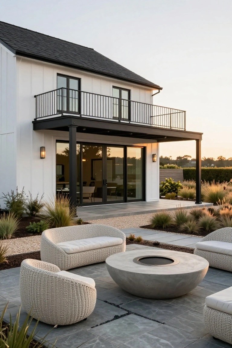 Rear exterior of a white board-and-batten house with black metal balcony and sliding glass doors opening onto a gray slate patio with white curved wicker sofas and chairs arranged around a large round concrete fire pit surrounded by grasses.