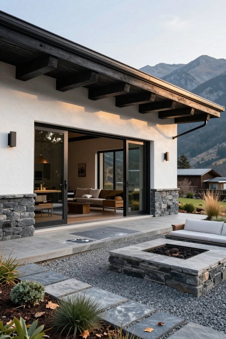 Side view of a modern house with white stucco walls, black wood trim, and gray stone base, featuring open black-framed sliding glass doors to a patio with a square built-in gray stone fire pit, low seating, gravel ground cover, pavers, and plantings, with mountains in the background.