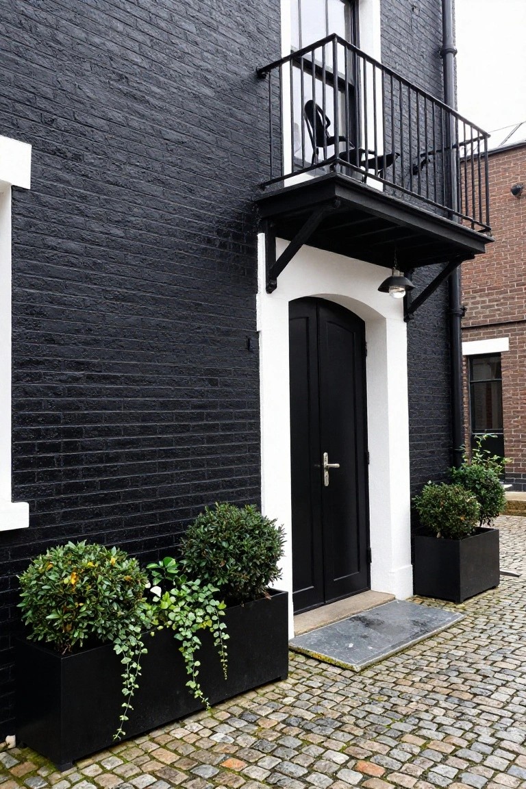 Black-painted brick house exterior with arched black front door in white frame, black balcony overhead, pendant light, and large black planters holding greenery on cobblestone path.