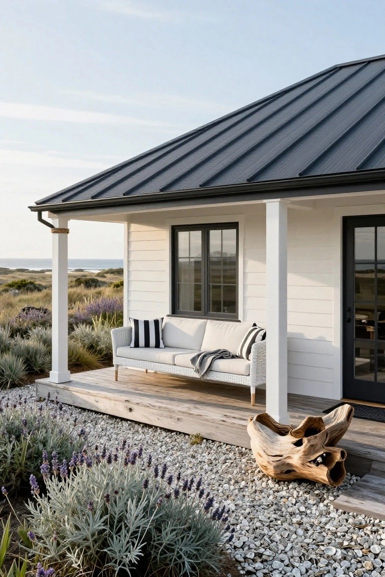 White clapboard-sided house with dark corrugated metal roof, black-framed windows and doors, covered porch with white sofa and pillows, lavender plants and gravel ground cover near ocean dunes.