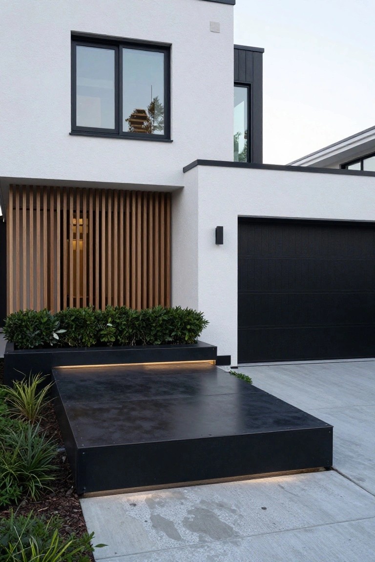 Modern white stucco house exterior with black-framed windows, vertical wooden slat screen over the entry door, black garage door, elevated black metal entry platform with edge lighting, boxwood hedges in black planters, and low plants beside a concrete driveway.