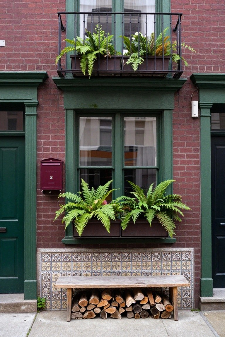 Maroon brick townhouse facade with dark green trim and doors, fern plants overflowing from balcony rail and window box planters, maroon mailbox, and wooden bench with stacked firewood on tiled base by sidewalk.