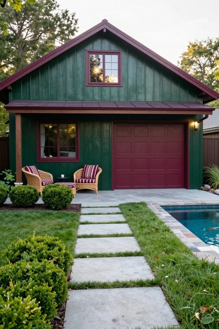 Green vertical board-and-batten garage with maroon roof, door, and window frames under an overhanging porch with two wicker chairs, concrete patio, stone path through grass to a turquoise pool edged in stone, boxwood shrubs and trees nearby.
