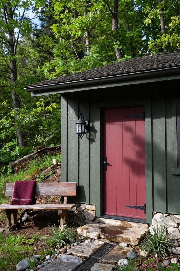Small dark green wooden cabin with red paneled door, black lantern light fixture, wooden bench draped with maroon blanket, stone steps and pathway with pebbles and plants, surrounded by trees and forest floor.