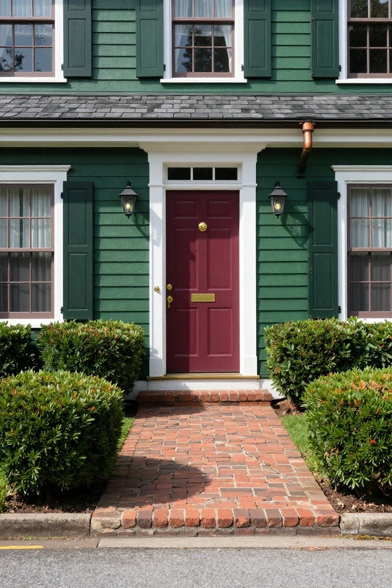 Two-story green clapboard house exterior with maroon front door, white trim around windows and entry, green shutters, copper downspout, wall lanterns, boxwood shrubs, and brick pathway to the street.