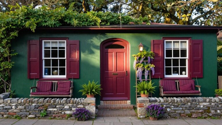 22 Green and Maroon House Exteriors That Feel Cozy Green clapboard cottage exterior with maroon shutters on white-framed windows, illuminated maroon front door with glass panel, copper lantern light, wooden swing bench, potted ferns, wisteria vine on trellis, stone walls, and purple slate pathway.