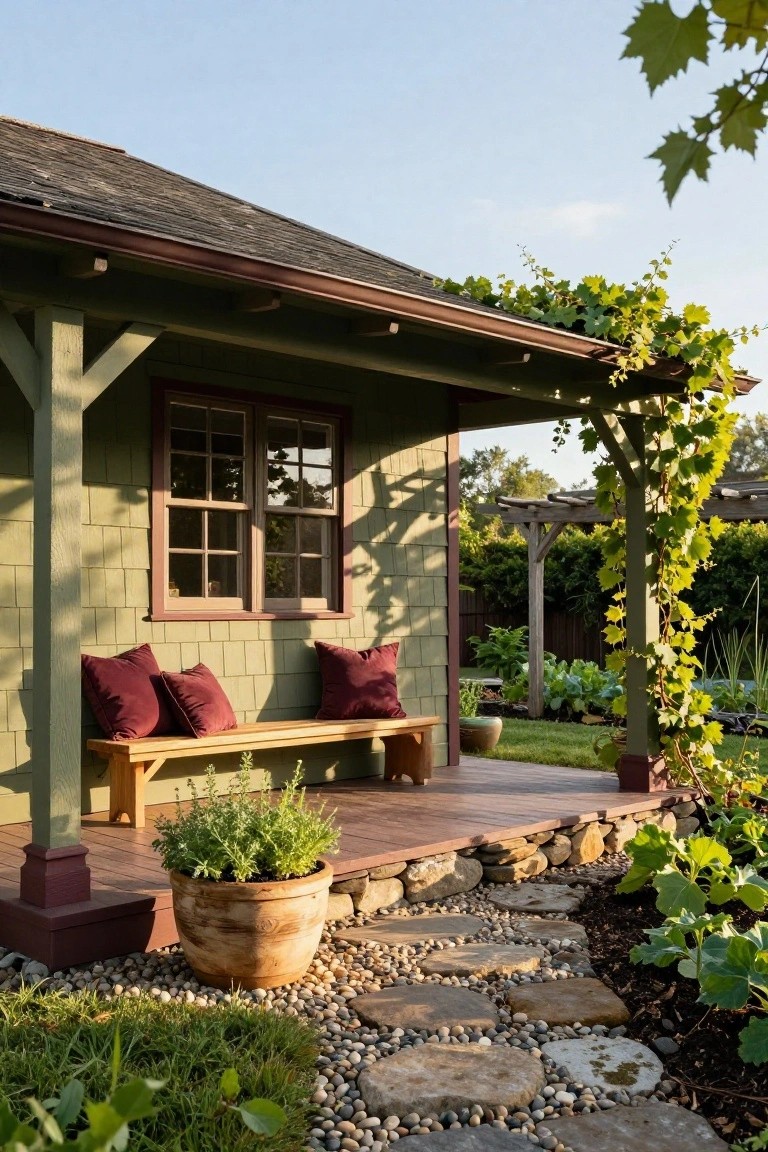 Small green shingle-sided cottage with maroon window frames and base, wooden porch bench with maroon pillows, potted plant nearby, stone path and greenery in front.