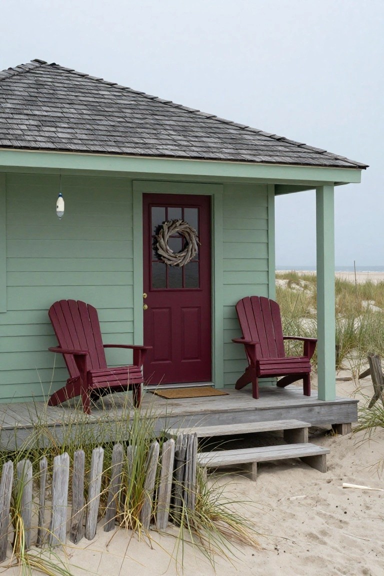 Mint-green clapboard beach cottage with maroon front door, red Adirondack chairs on the porch, driftwood wreath, and sandy dunes in the background.