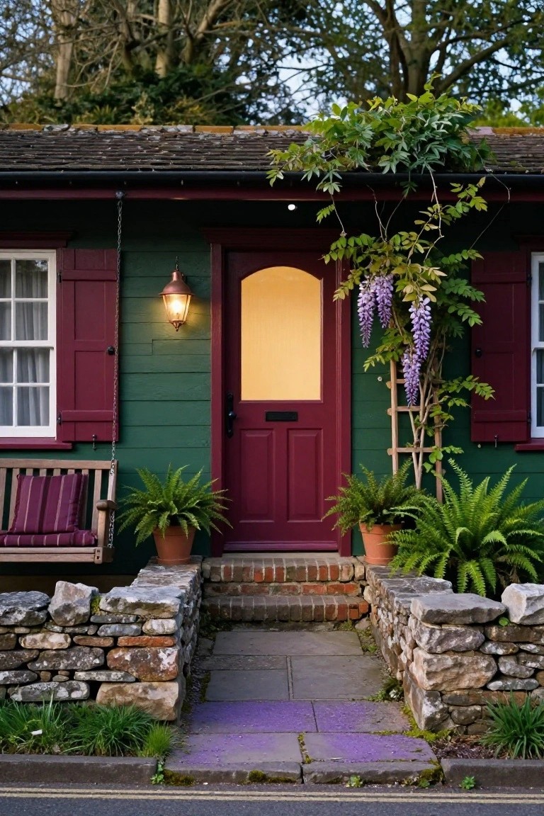 Green clapboard cottage exterior with maroon shutters on white-framed windows, illuminated maroon front door with glass panel, copper lantern light, wooden swing bench, potted ferns, wisteria vine on trellis, stone walls, and purple slate pathway.