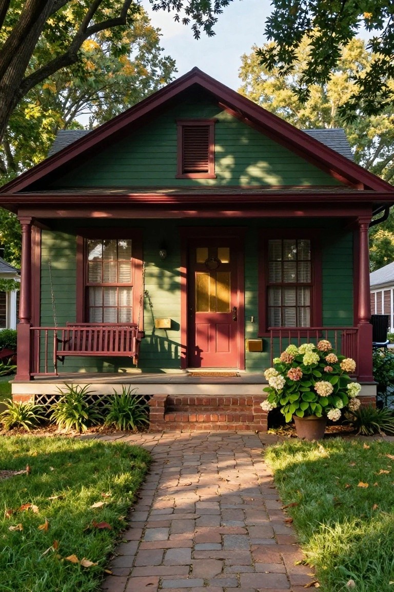 A small one-story green clapboard house with maroon trim, red front door, white-trimmed windows, porch swing, potted hydrangeas, brick steps and path, flanked by grass and plants under trees.