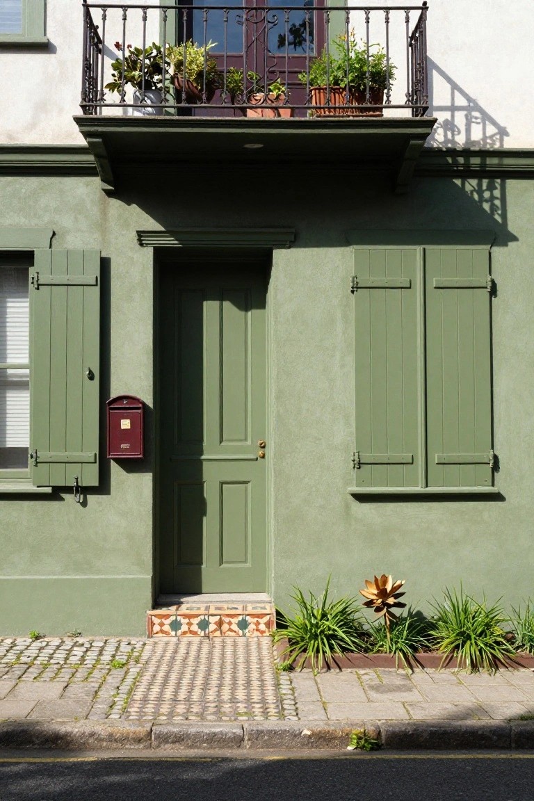 Green stucco house facade with green door, matching shutters, red mailbox, wrought-iron balcony holding maroon flower pots, colorful tiled entry steps, low plants, and cobblestone sidewalk.