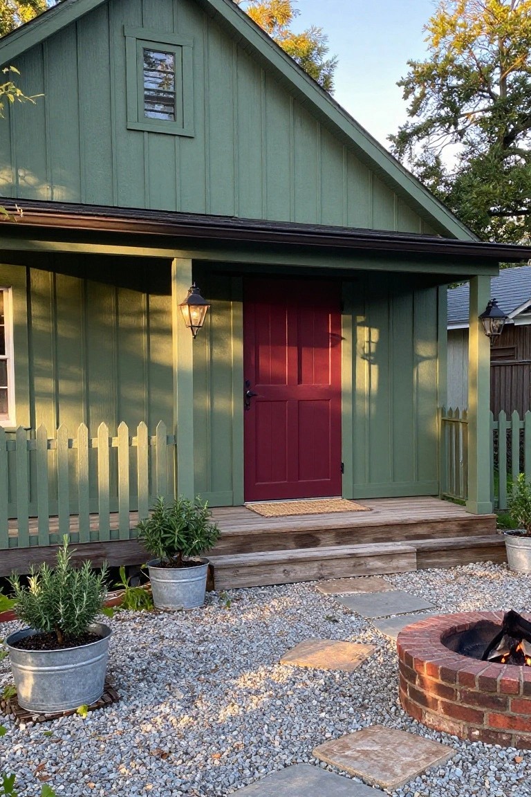 Sage green shingle house with maroon red front door, porch lanterns, white picket fence, potted rosemary plants in metal buckets, gravel yard with stone path stepping stones, and brick fire pit nearby.