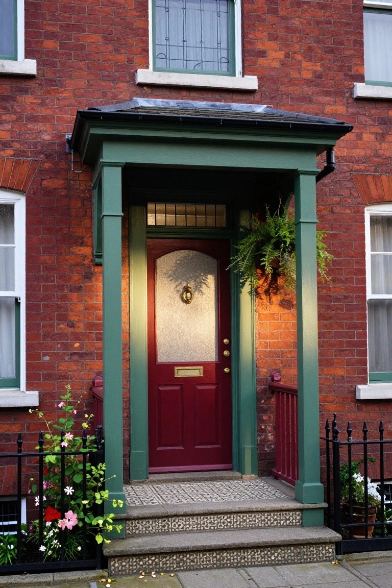 Red brick house exterior with a green porch roof and columns framing a maroon front door with glass panel and brass knocker, plants on either side, and steps leading up.