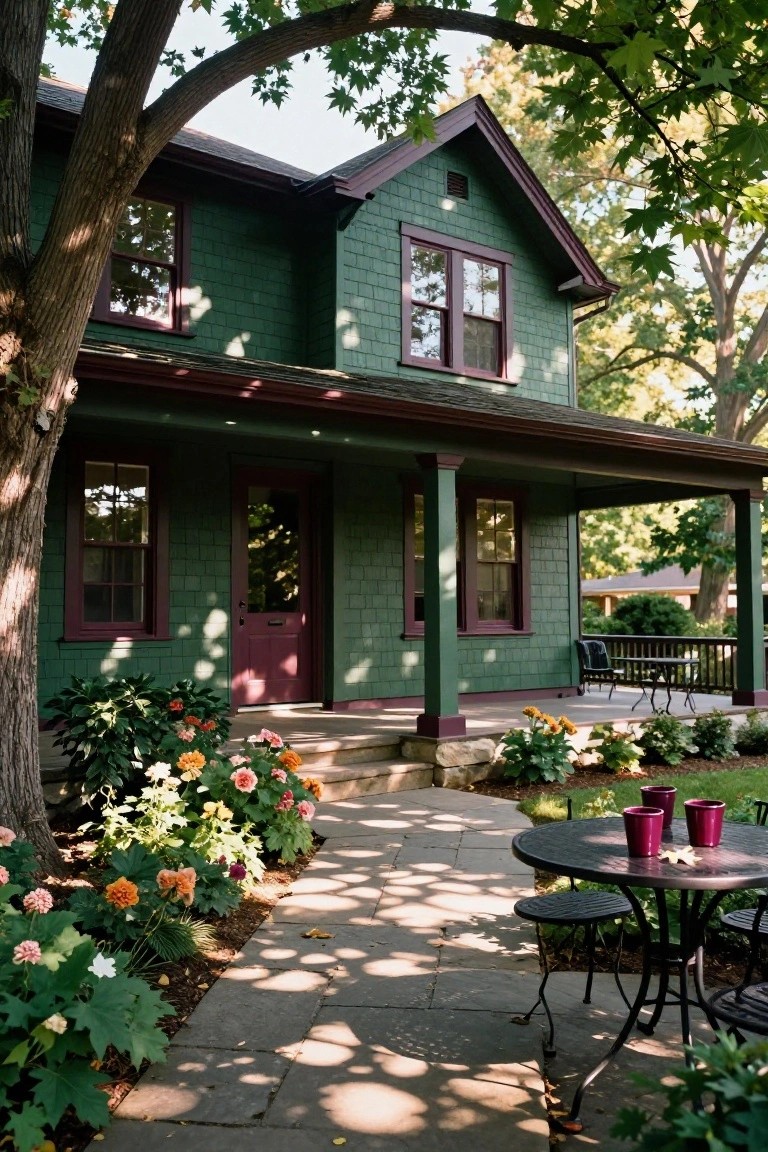 Two-story green shingle house with maroon window frames, trim, door, and porch roofline, stone steps leading to entry, flower beds along a stone path, large tree nearby, and small metal outdoor table with magenta cups and chairs.