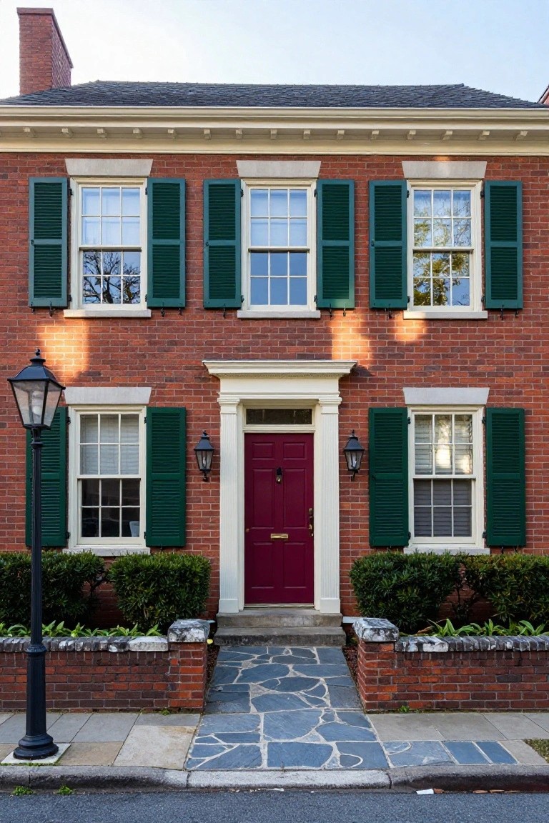 Two-story red brick house with green louvered shutters on multipane windows, centered maroon front door with sidelights, black lanterns on either side, boxwood shrubs in front, and flagstone path leading to brick steps.