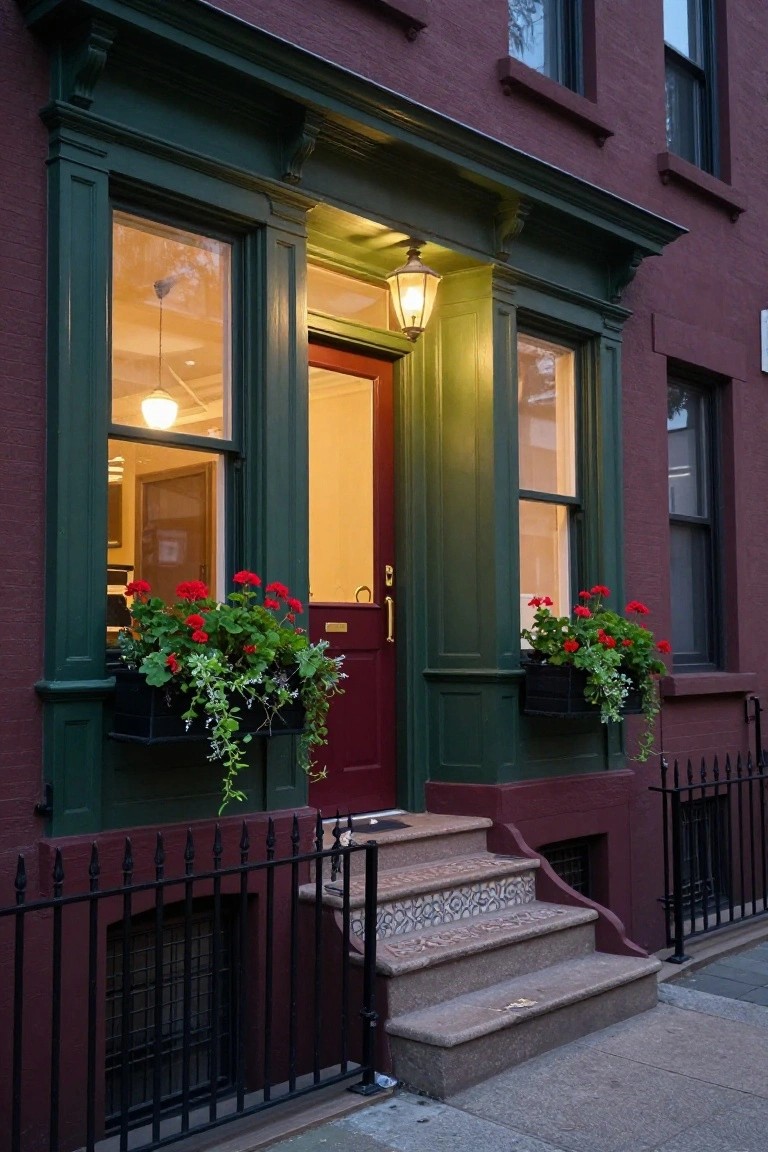 Maroon brick rowhouse exterior with dark green trim framing tall windows and red front door, black window boxes with red geraniums and trailing plants on either side of the door, brass lantern light above, tiled steps with black iron railing leading to the entry.