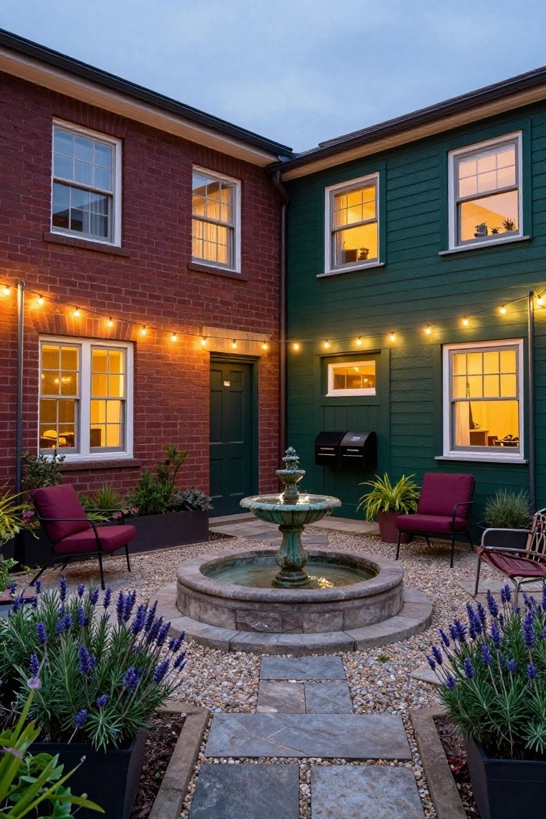 Twilight corner view of a maroon brick house next to a dark green clapboard house enclosing a gravel courtyard with central stone fountain, potted lavender, red armchairs, and overhead string lights.