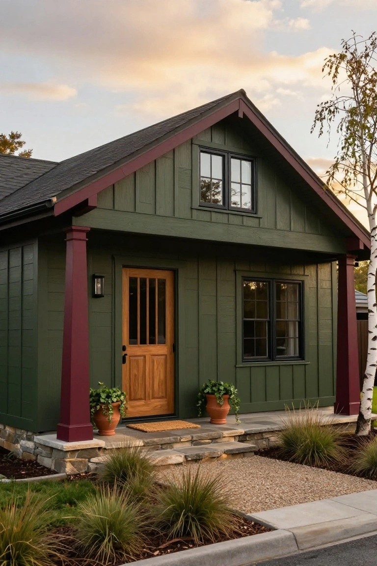 Small single-story house with dark green vertical board-and-batten siding, maroon porch columns and roof trim, wooden door with glass panels, black-framed windows, potted plants on porch, stone steps, gravel path, and ornamental grasses in front yard at sunset.