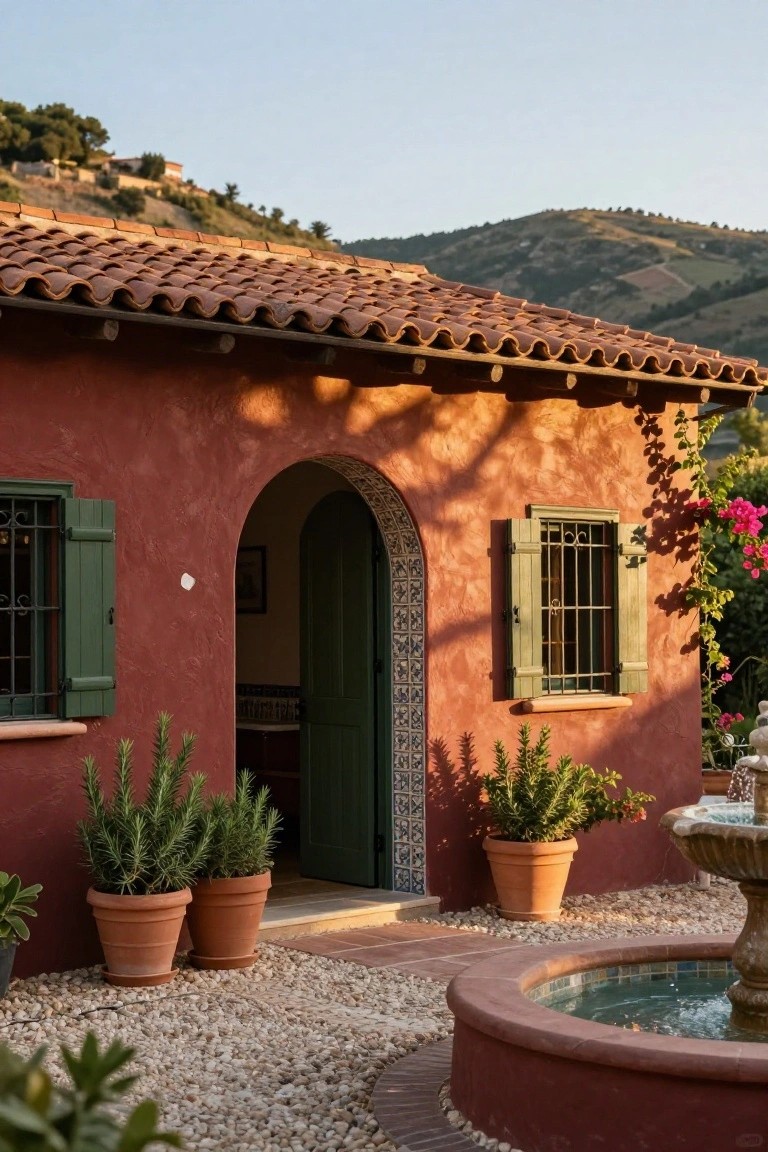 Red stucco house exterior with green shutters on barred windows, arched green door with tile trim, potted rosemary plants flanking the entry, and a stone fountain in a gravel courtyard backed by hills and vegetation.