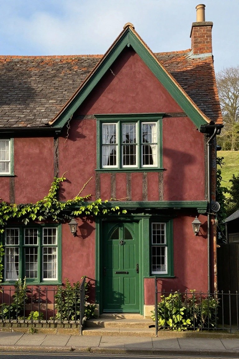 Red rendered half-timbered two-story house with green window frames, green front door, climbing ivy on walls, small front garden with plants and black iron railing, on a paved street.