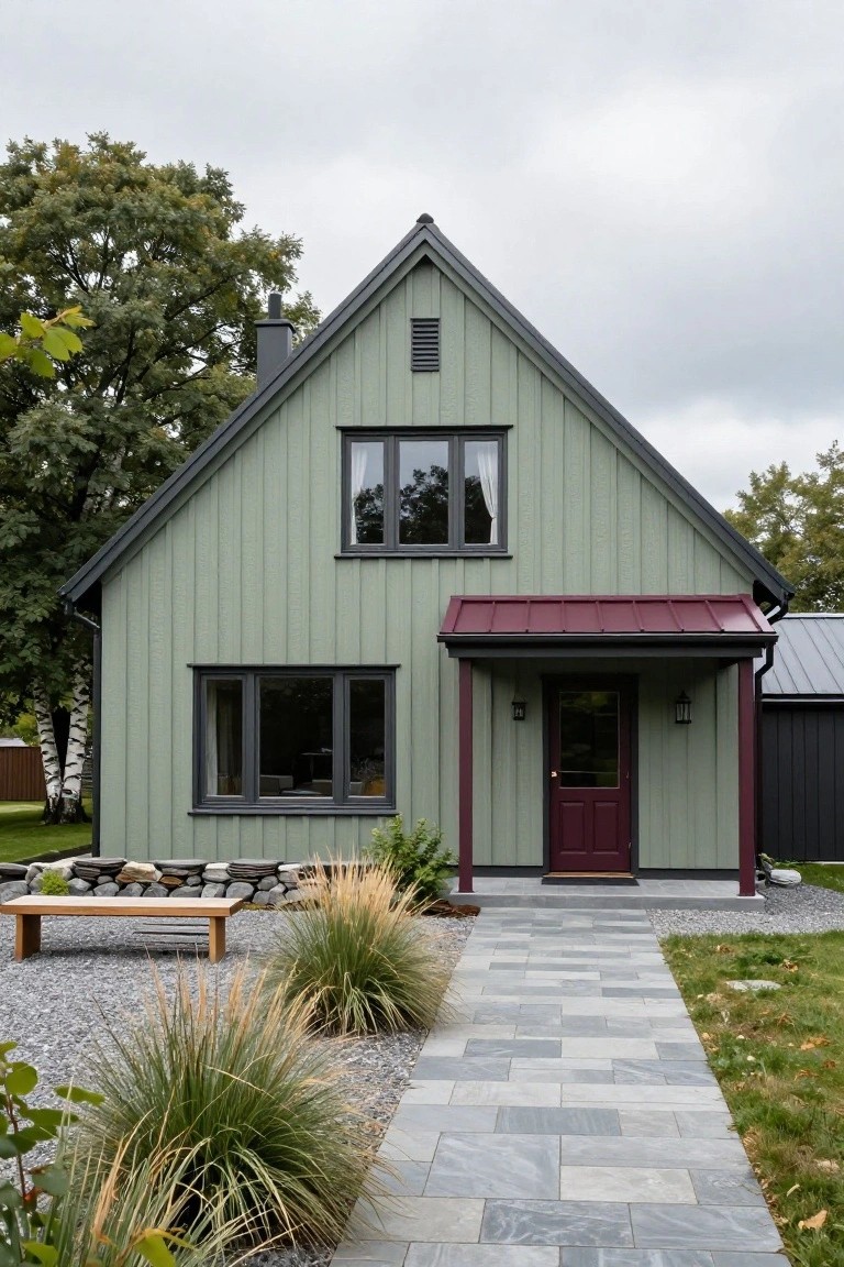 Two-story gabled house with pale green vertical siding, black-framed windows, maroon metal porch awning over a maroon front door, gravel yard with ornamental grasses and a gray stone path leading to the entry.