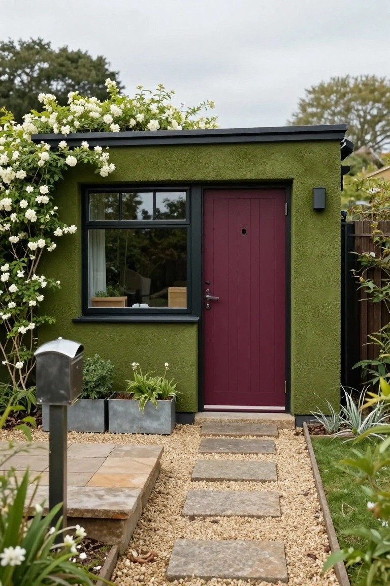 Small green-rendered outbuilding with maroon wooden front door, black-framed window draped in white climbing roses, metal post box, potted plants, and stone path leading from gravel patio.