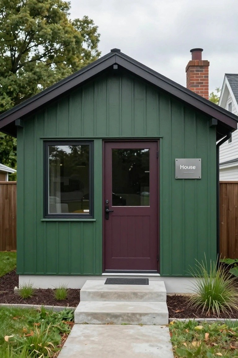 Small dark green board-and-batten shed with gabled black roof, brick chimney, single large window, maroon front door, metal