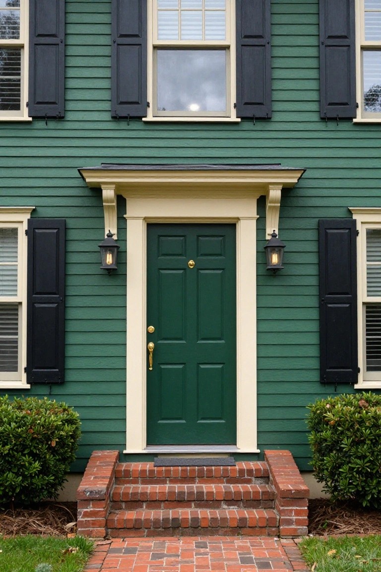 Front view of a two-story green clapboard house with black shutters on the windows, a green paneled front door with brass hardware and knob, lanterns on either side, white trim, brick steps, and boxwood shrubs.