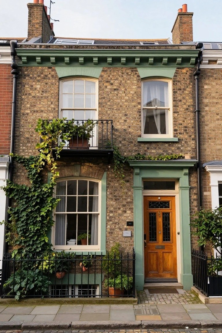 A narrow two-story brick terraced house with green trim, wooden front door in green frame, climbing ivy on the facade and balcony with potted plants, black iron railing, and front path on a paved street.