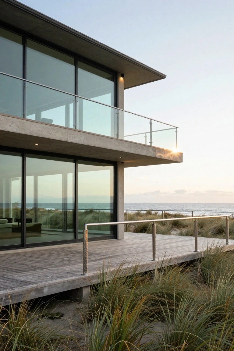 Modern beach house exterior with gray concrete cantilevered balcony and upper level, glass railings and large windows, wooden deck through dune grass to ocean horizon at sunset.
