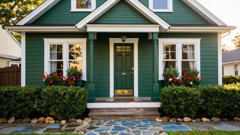 Green shingled house with white gabled porch, dark green front door with brass knocker and letterbox, flower box on side window, shrubs and rocks along the front path.