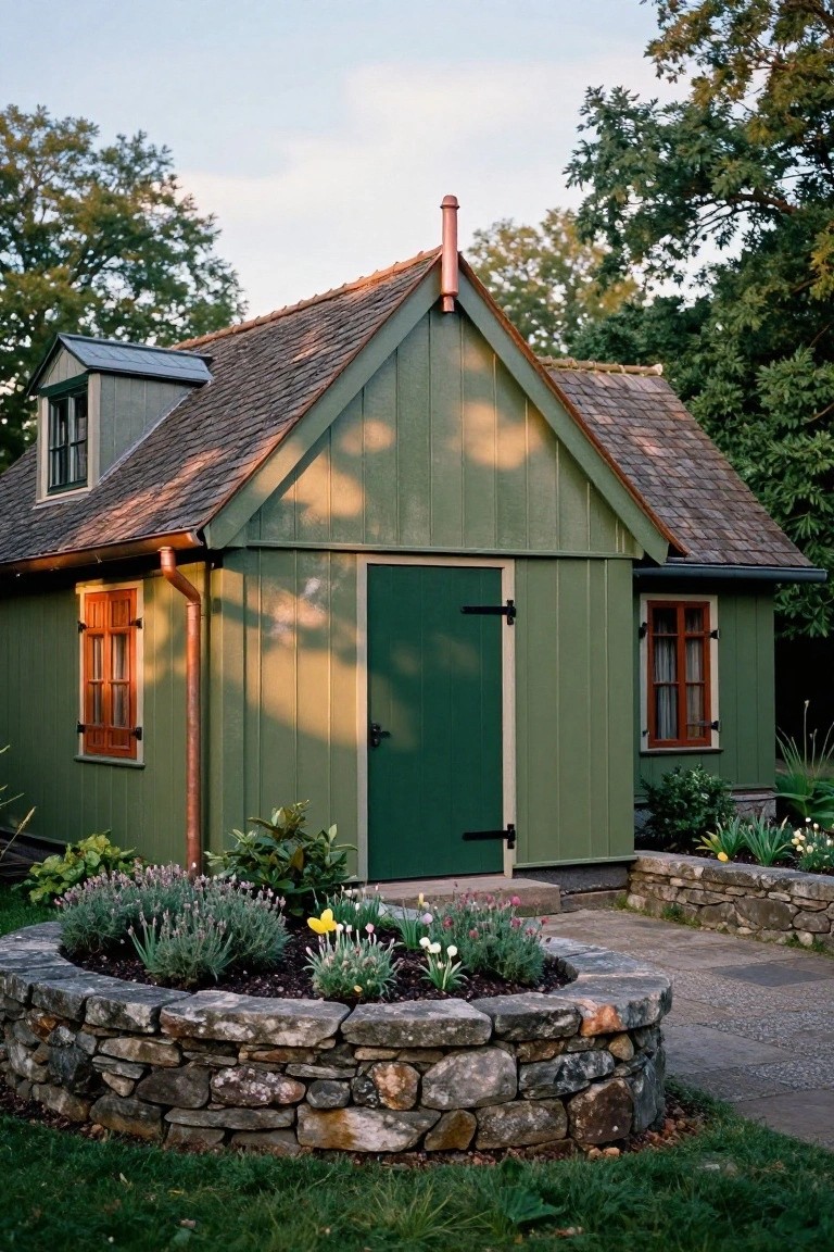 Small wooden shed painted sage green with gabled slate roof, copper downspout and vent, red-framed windows and door, surrounded by stone planter filled with lavender, tulips, and other flowers in a garden setting.