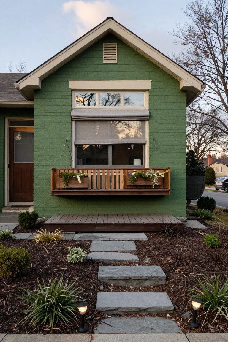 Green brick single-story house exterior featuring a wooden cantilevered balcony with planters, a front door, stone pathway, low-voltage path lights, and surrounding mulch beds with grasses and shrubs.