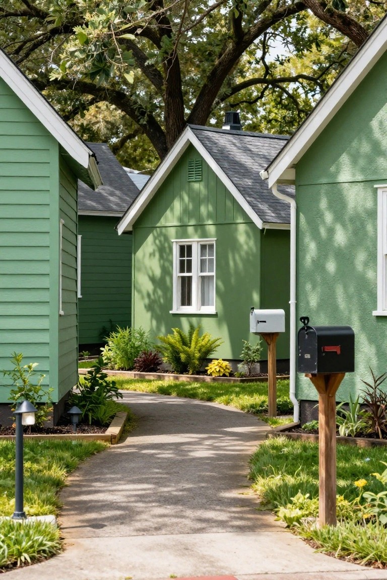 Three green clapboard cottages with gabled roofs and white trim, white and black mailboxes mounted on posts, low landscaping, and a curving concrete path between them under large trees.